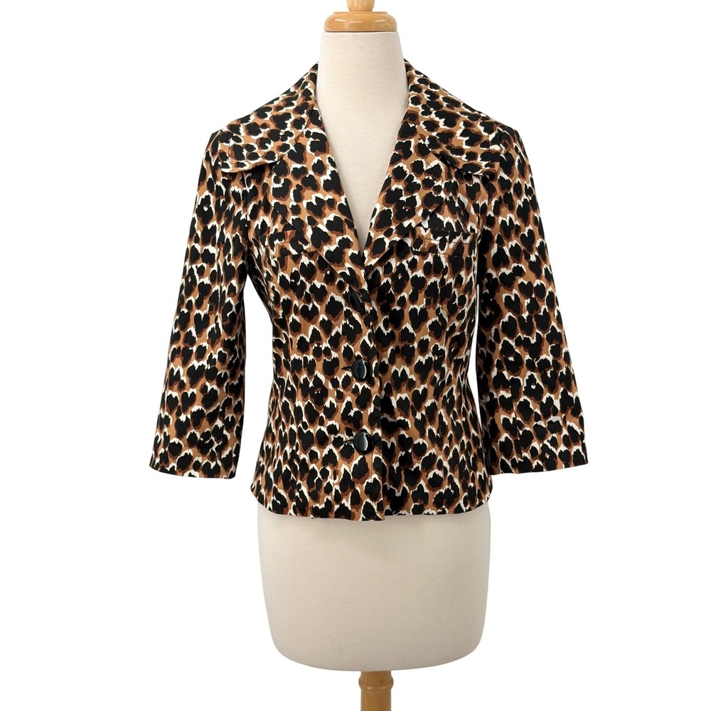 Trina Turk Womens Leopard Print Blazer Jacket Brown Black 8 3/4 Sleeve Size 8